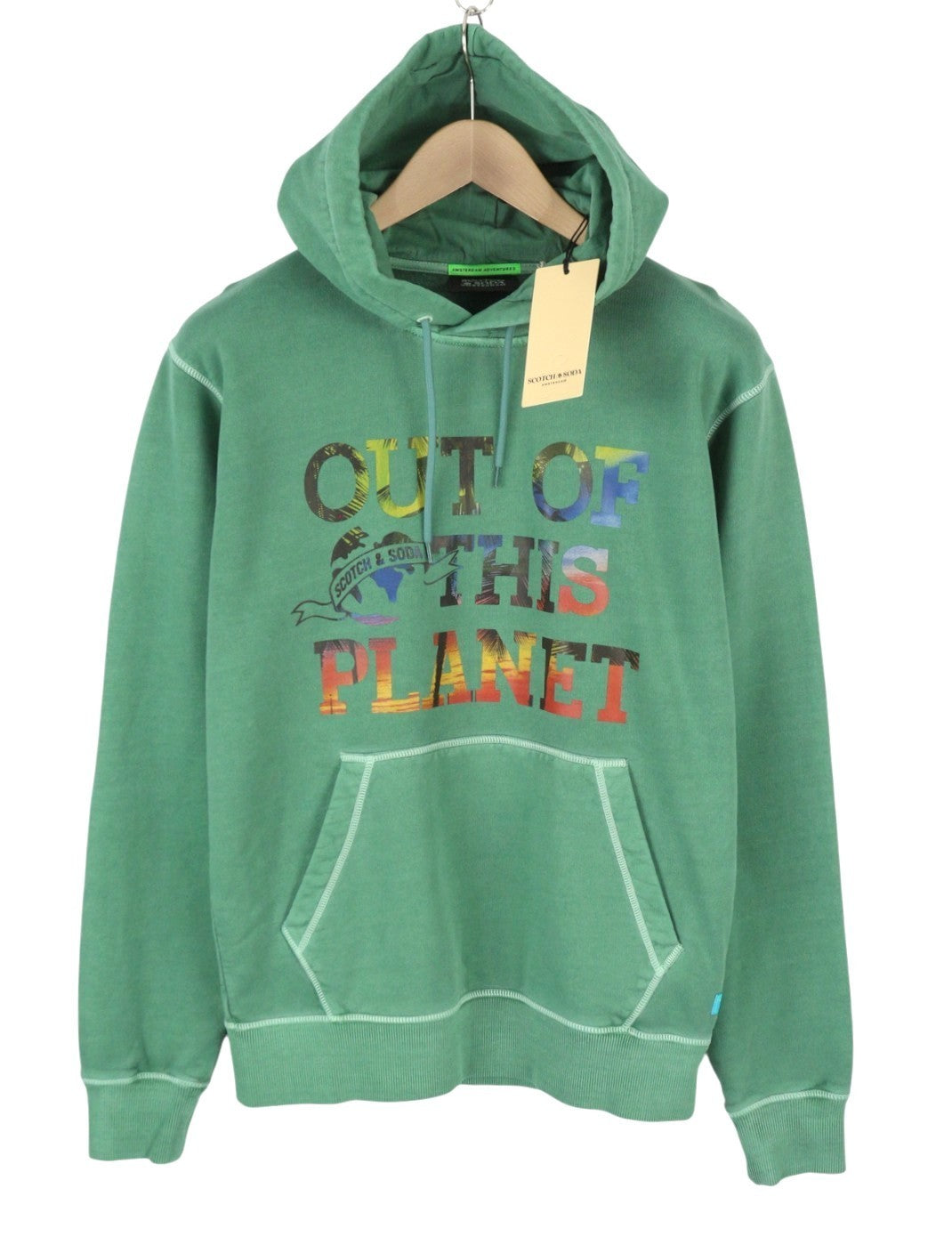 SCOTCH & SODA Men Hoodie M Preppy Green Faded Cotton Kangaroo Pocket Pull On