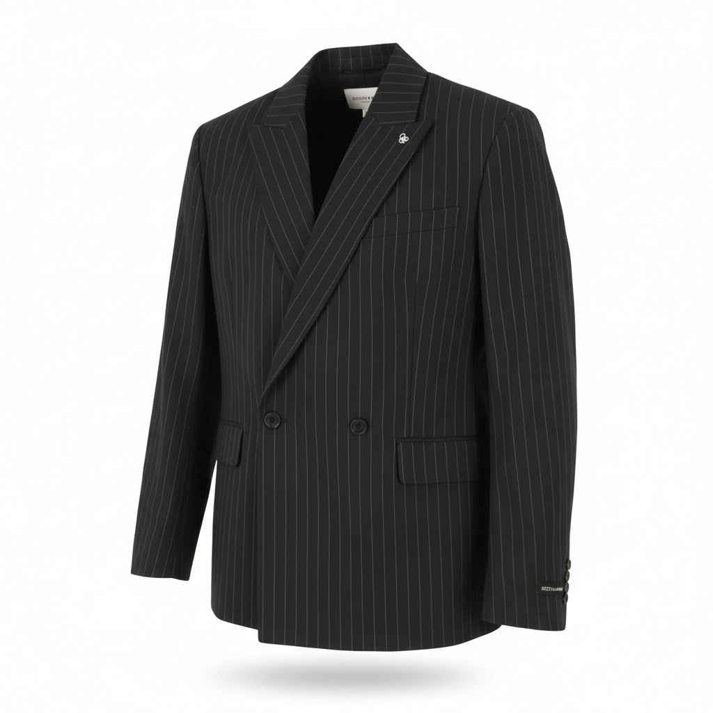 SCOTCH & SODA Men Blazer M Grey Melange Pinstripe Peak Lapel Double-Breasted