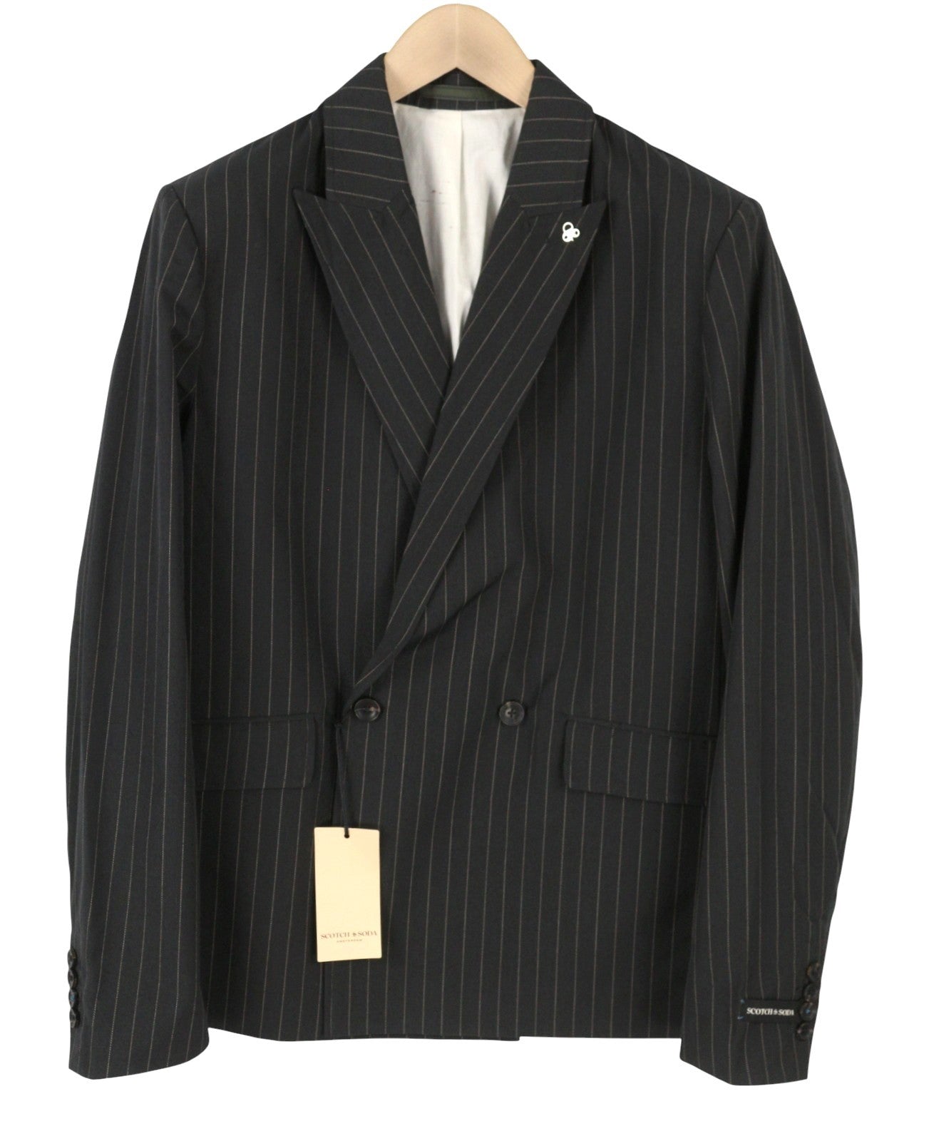 SCOTCH & SODA Men Blazer M Grey Melange Pinstripe Peak Lapel Double-Breasted