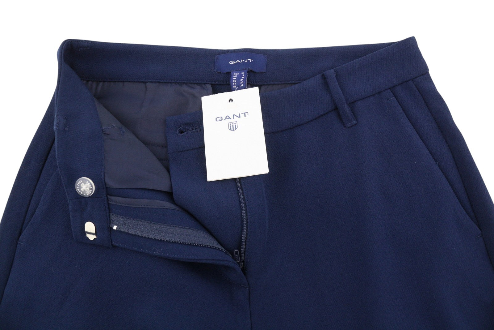 GANT Wide Drape Women Trousers EU34 Dark Blue Flat Zip Logo Casual