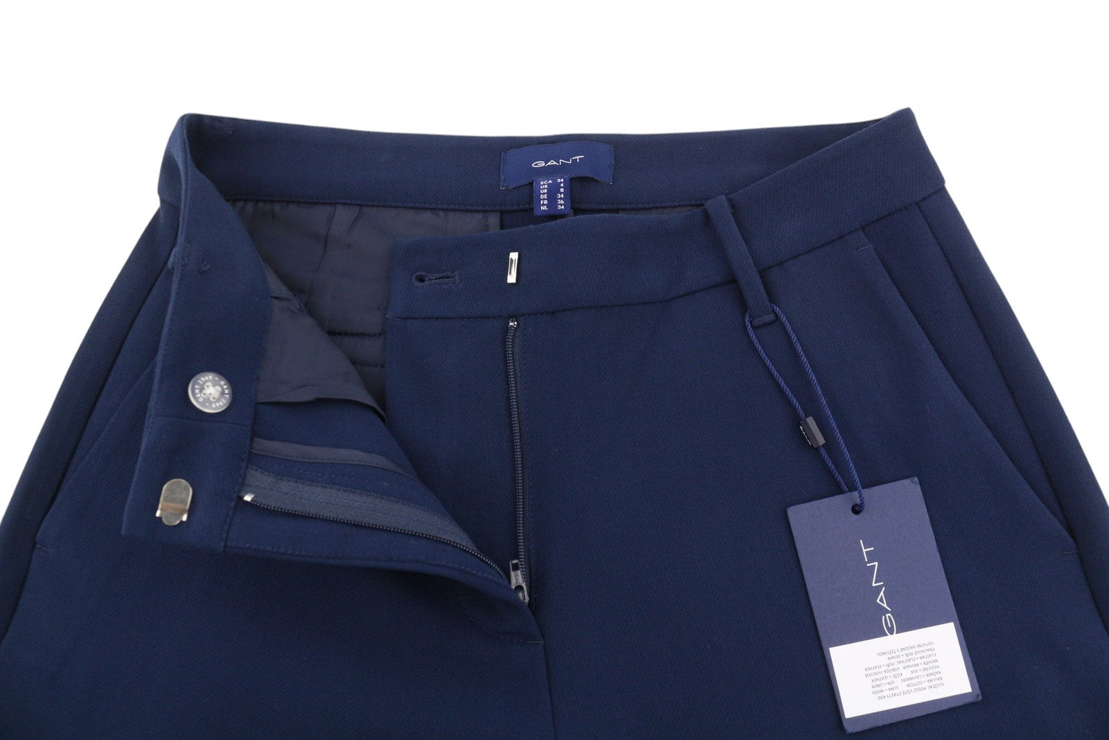 GANT Wide Drape Women Trousers EU34 Dark Blue Flat Zip Pocket Casual