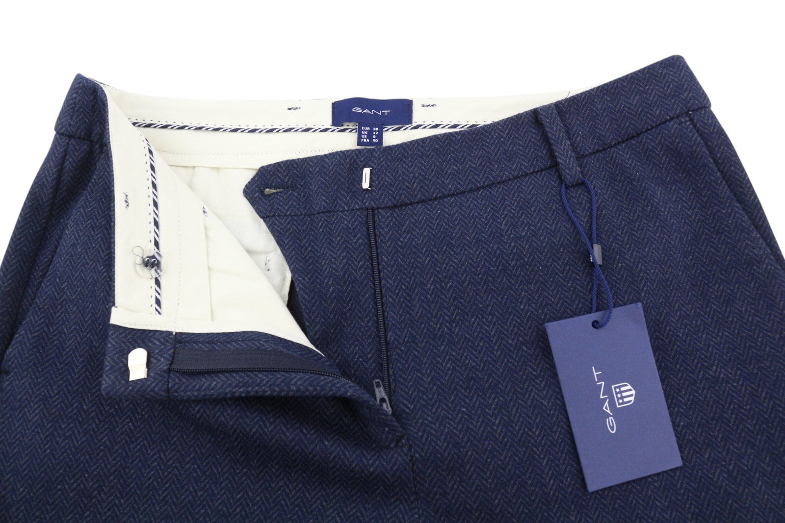 GANT Herringbone Jersey Women Trousers EU38 Blue Ankle Zip Casual