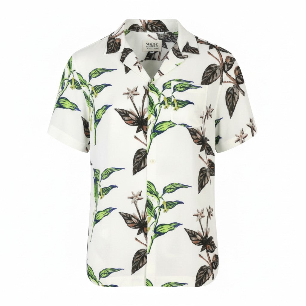SCOTCH & SODA Men Shirt M White Leafs Print Button-Up Notch Short Sleeve
