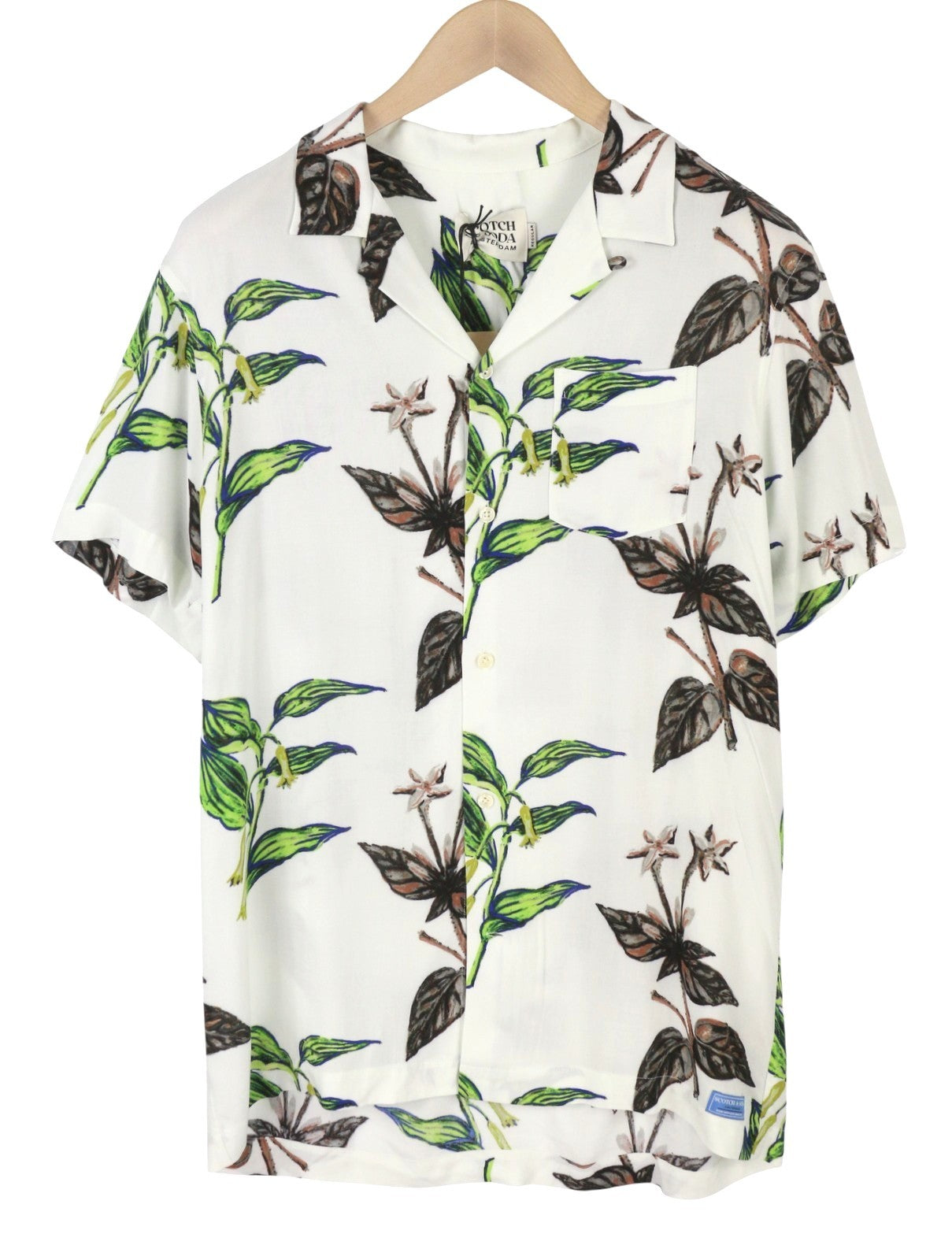 SCOTCH & SODA Men Shirt M White Leafs Print Button-Up Notch Short Sleeve