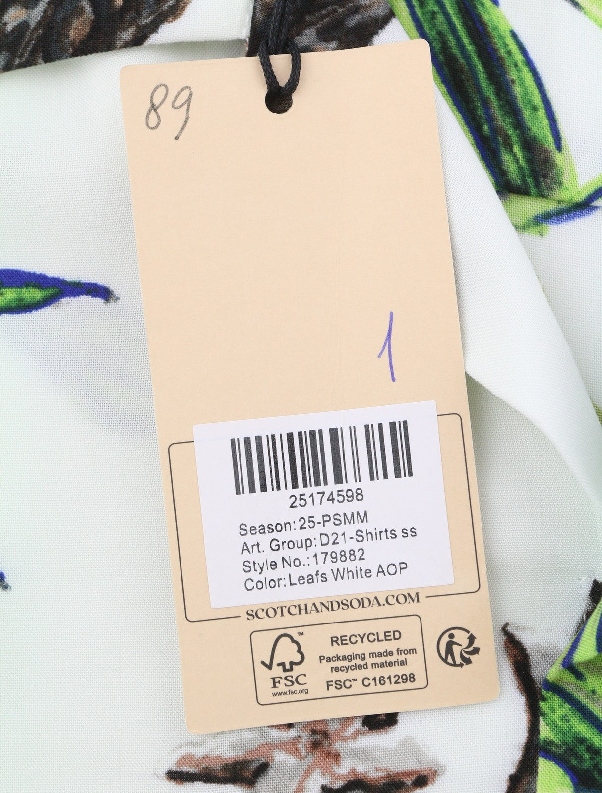 SCOTCH & SODA Men Shirt M White Leafs Print Button-Up Notch Short Sleeve