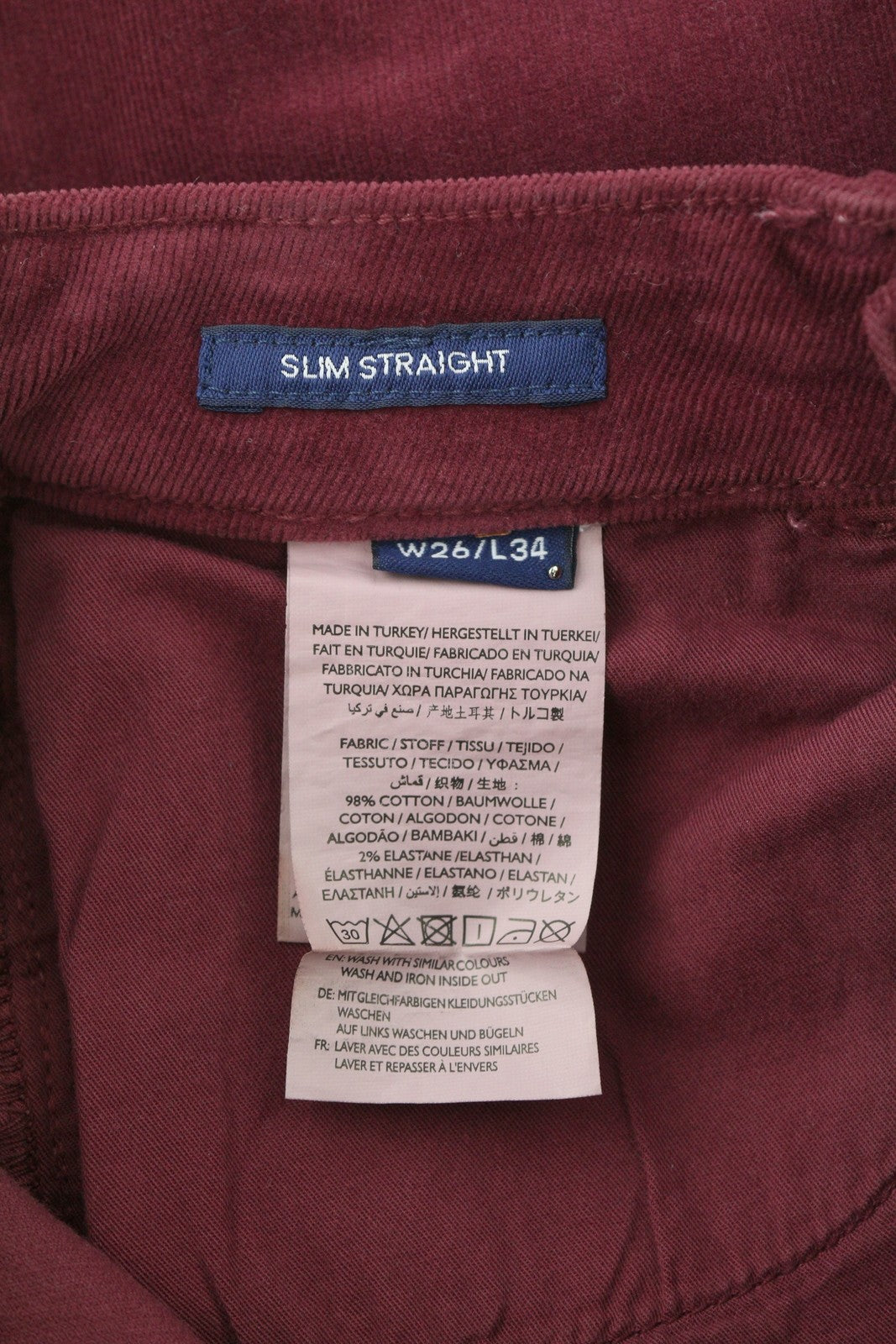 GANT Straight Cord Women Trousers W26/34 Burgundy Slim Zip Pockets Casual