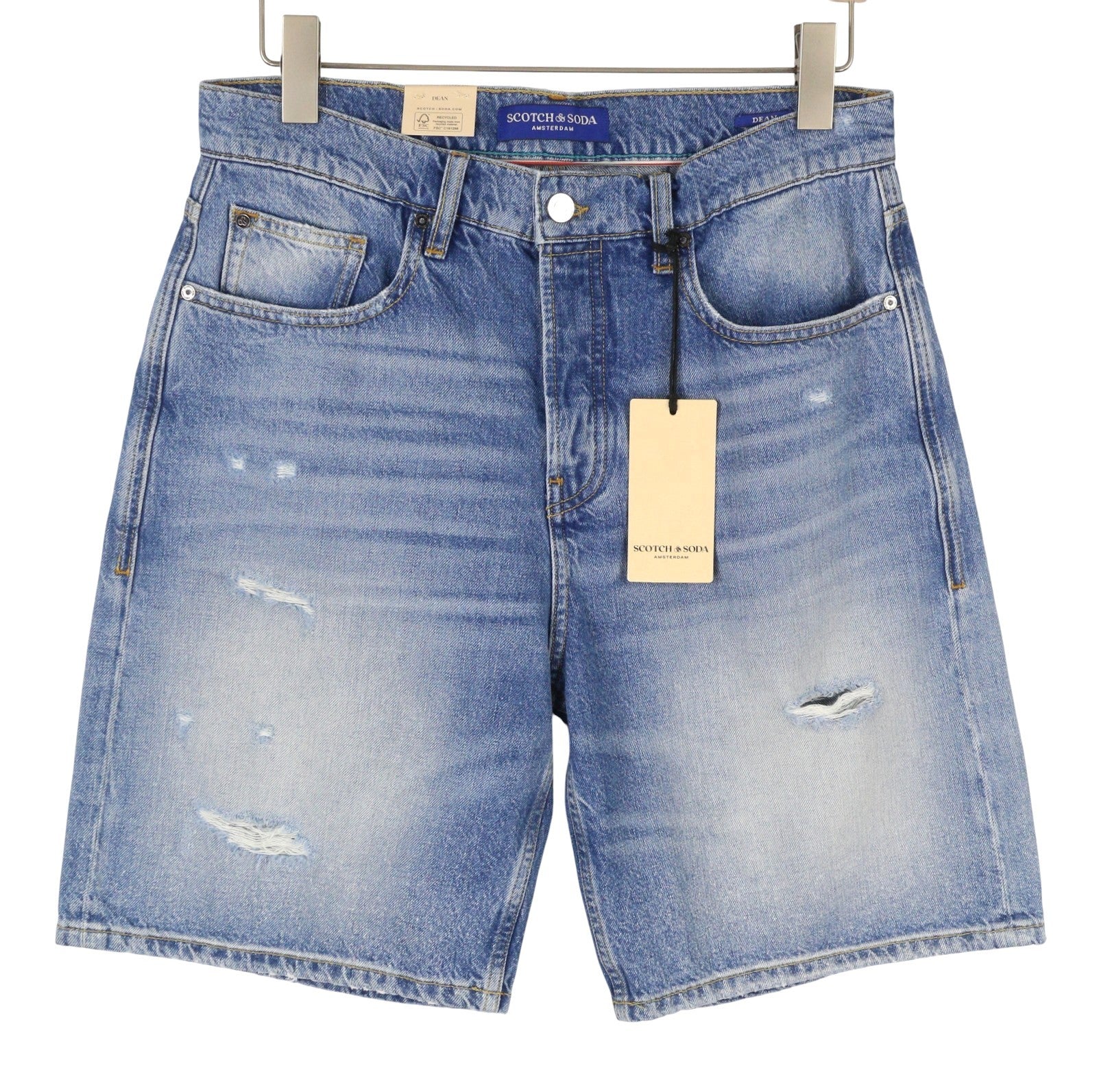 SCOTCH & SODA Dean Men Shorts W32 Denim Blue Faded Distress Loose Tapered Fit