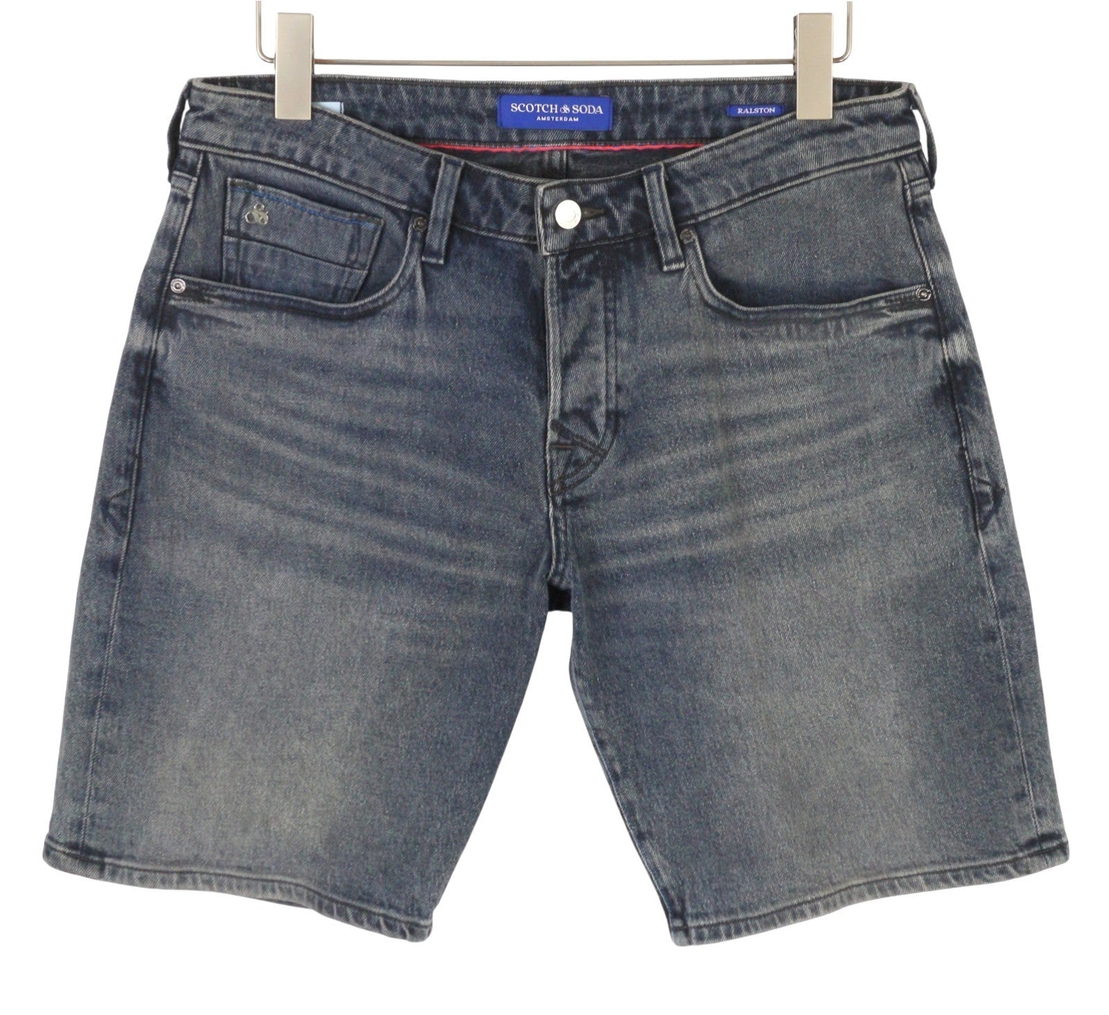 SCOTCH & SODA Ralston Men Shorts W32 Blue Denim Whiskers Faded Stretch Button