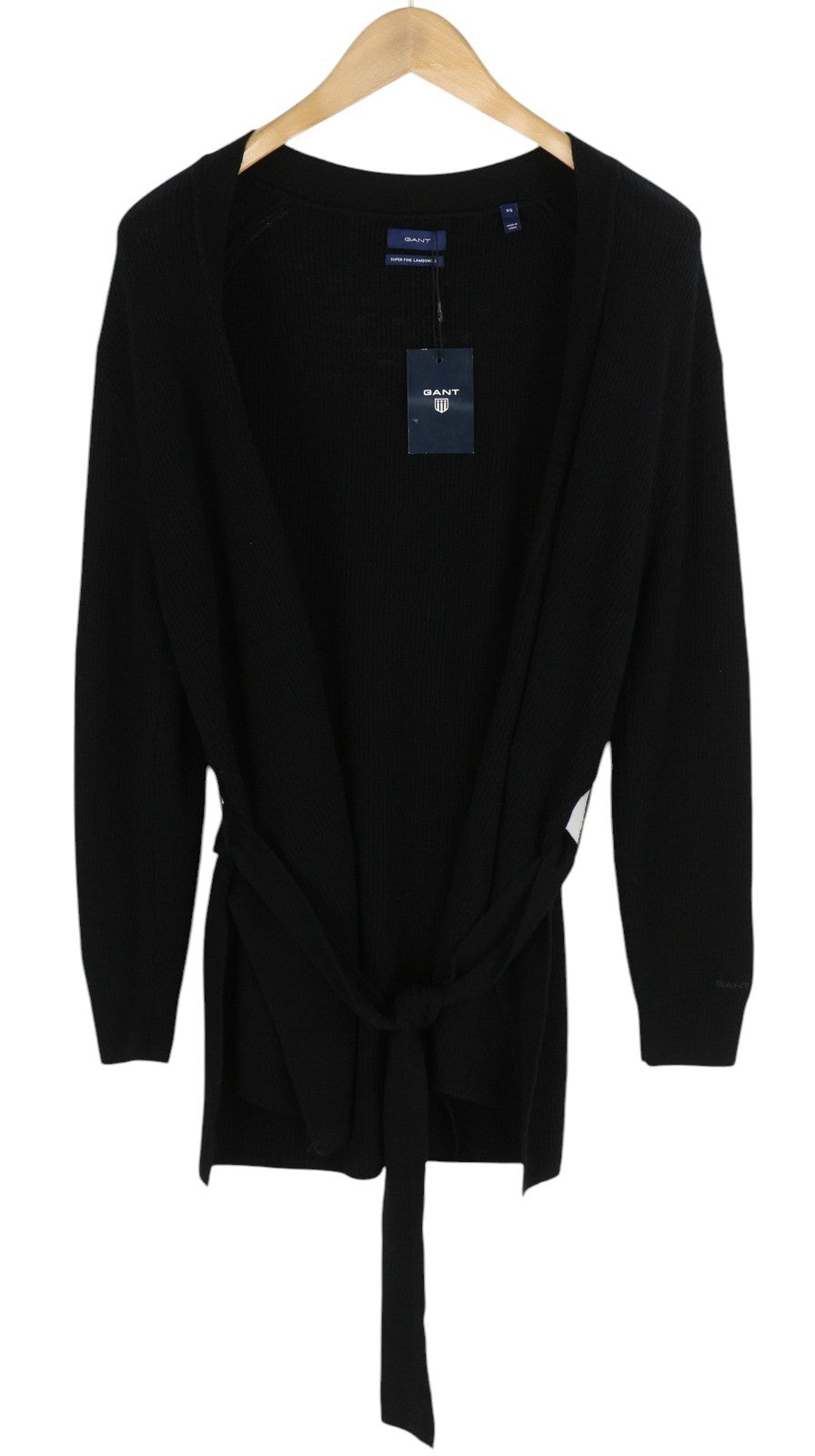 GANT Ribbed Lambswool Cardigan Women Jumper XS Black Belted Knit