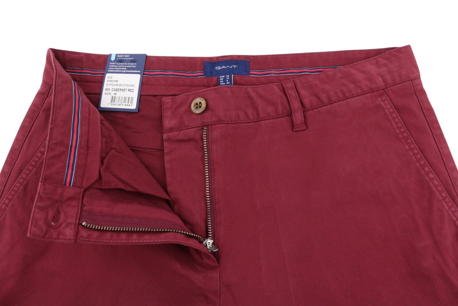 GANT Fryda Women Trousers EU38 Red Slim Mid Rise Zip Ankle Logo