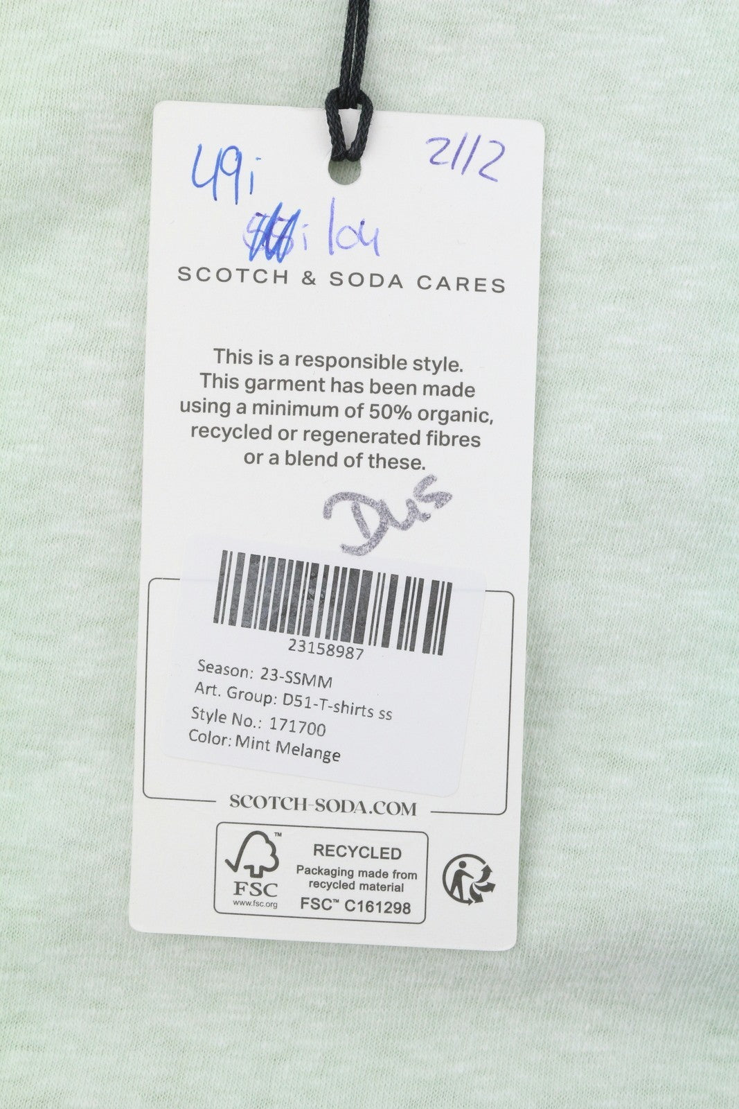 SCOTCH & SODA Men T-Shirt M Mint Green Melange Crew Neck Short Sleeved