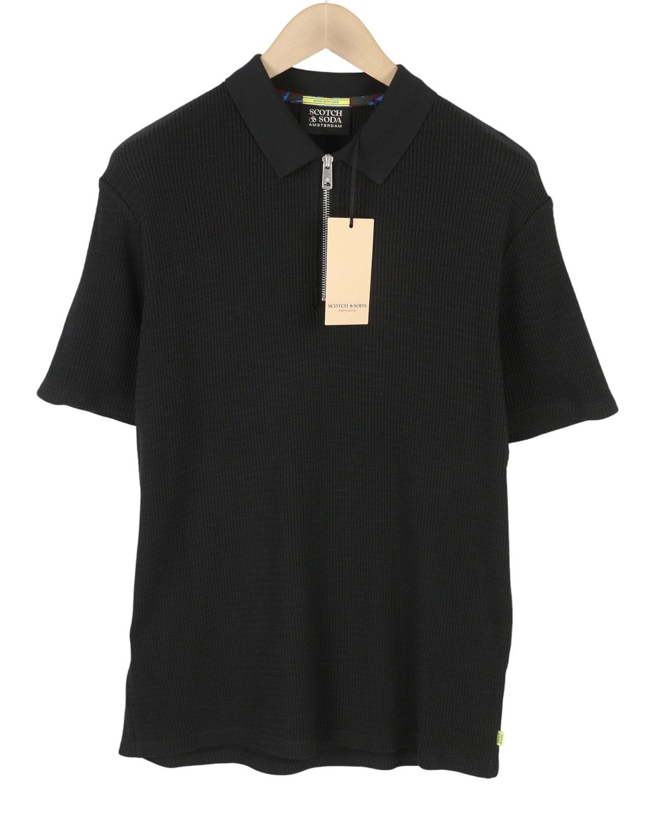 SCOTCH & SODA Men Polos L Black Textured Cotton Half Zip Short Sleeved