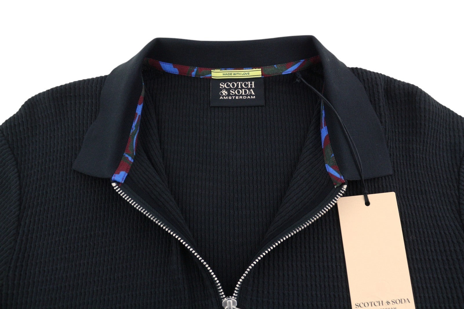 SCOTCH & SODA Men Polos L Black Textured Cotton Half Zip Short Sleeved