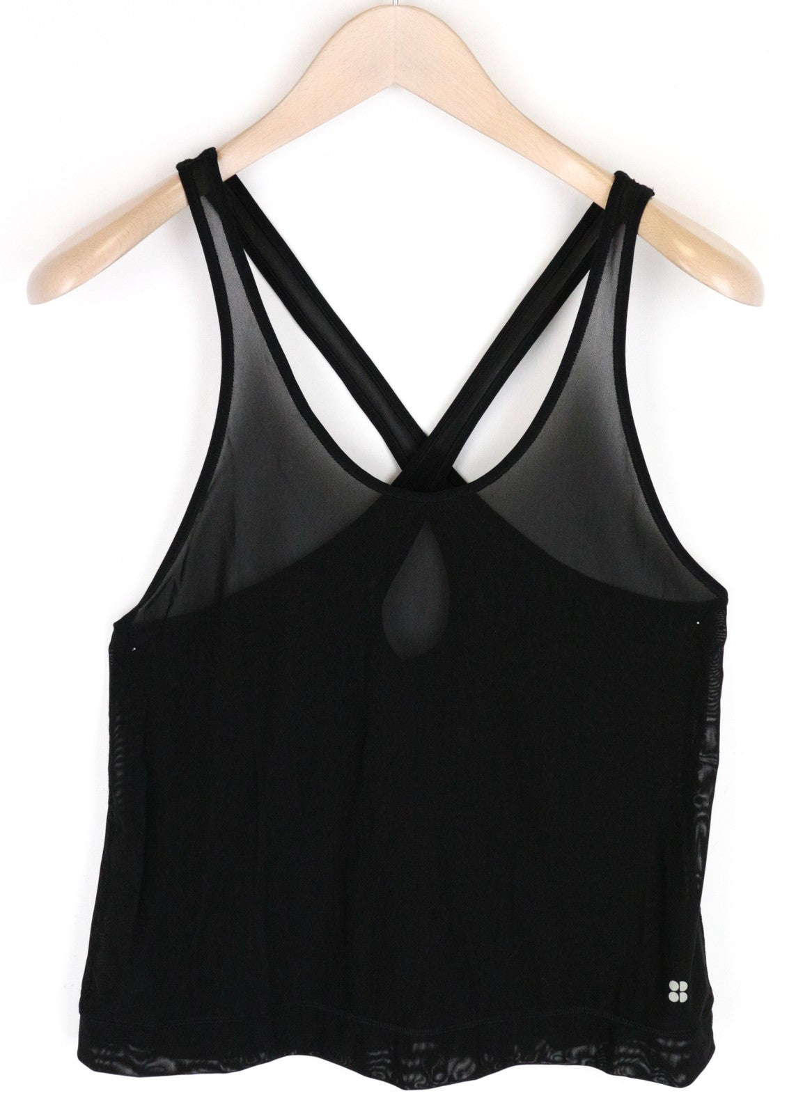 SWEATY BETTY Women`s T-Shirt ~S Black See-through Cross Back Gym Lightweight