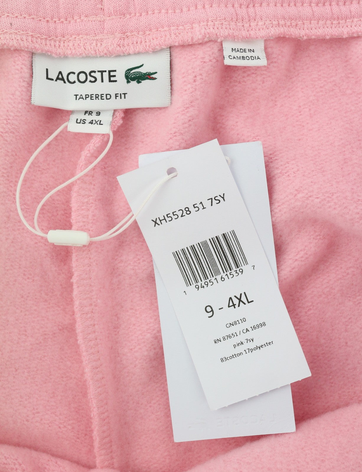 LACOSTE Men Trousers 4XL Pink Tapered Fit Fleece Drawstring Waist Sweatpants