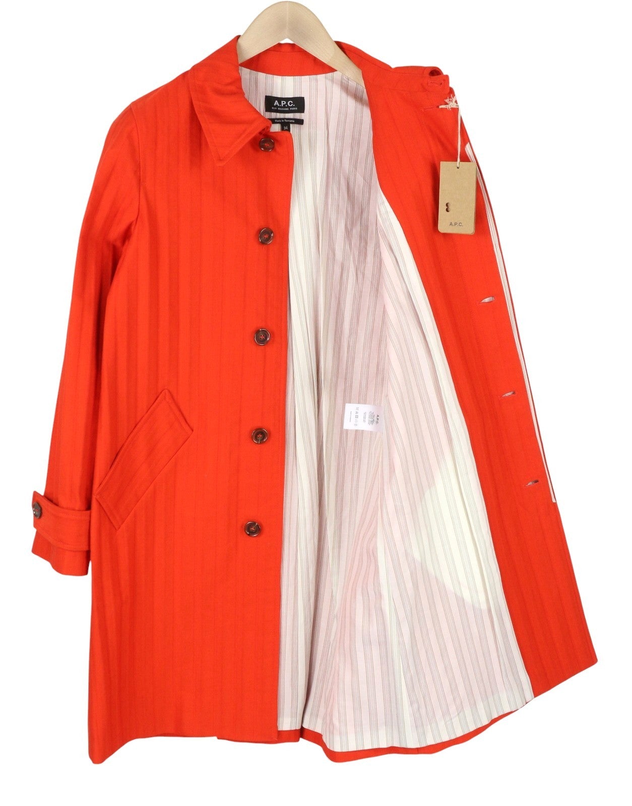 A.P.C. Max Dinard Women Coat 34 XS Orange Pinstriped Hidden Button Mid RRP650