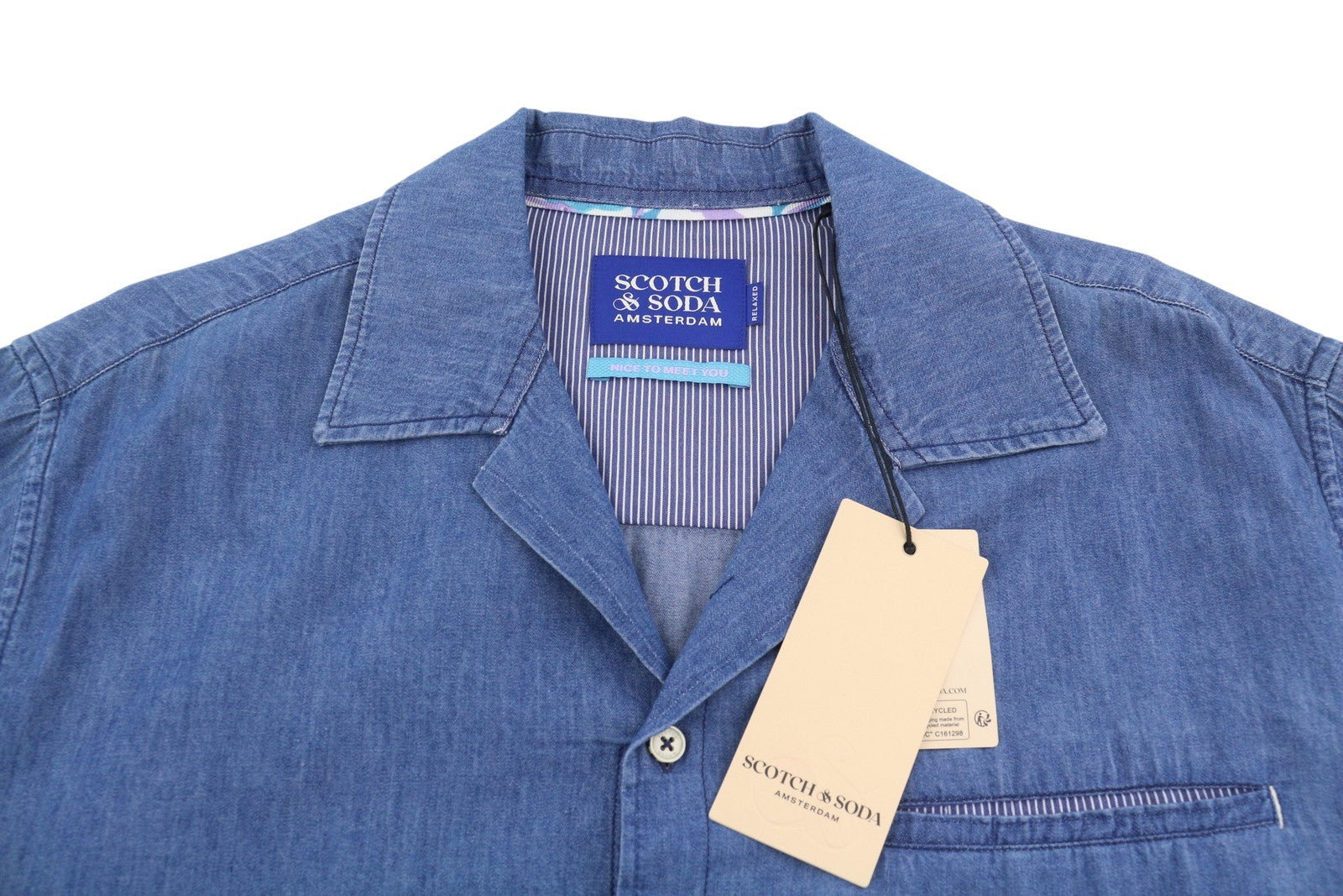 SCOTCH & SODA Men Shirt L Blue Denim Look Relaxed Fit Short Sleeve