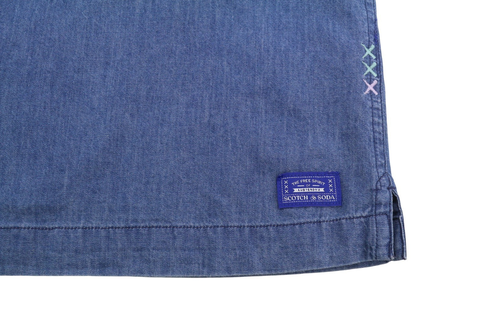 SCOTCH & SODA Men Shirt L Blue Denim Look Relaxed Fit Short Sleeve