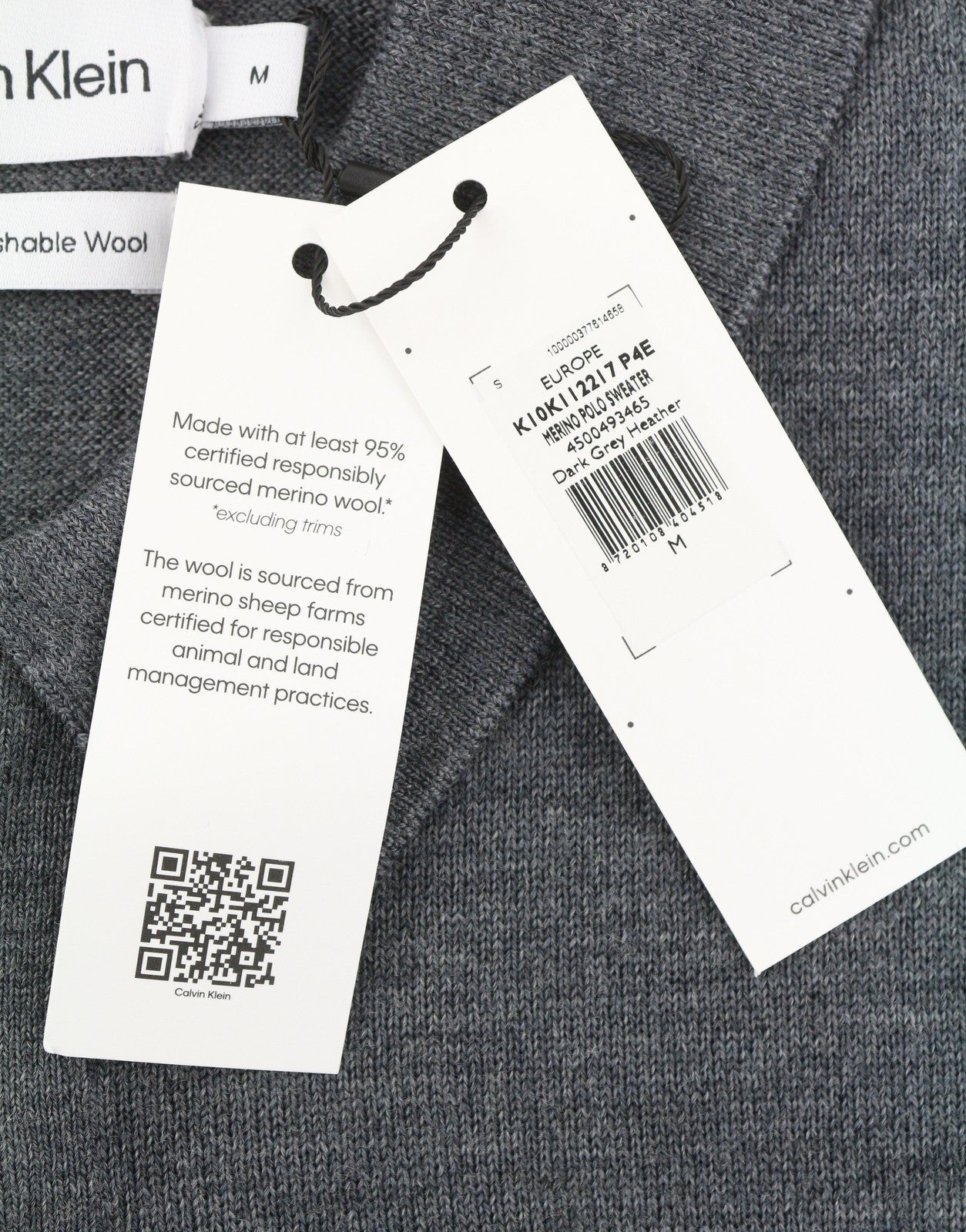 CALVIN KLEIN Merino Polo Men Jumper M Grey Melange Wool Pullover RRP179