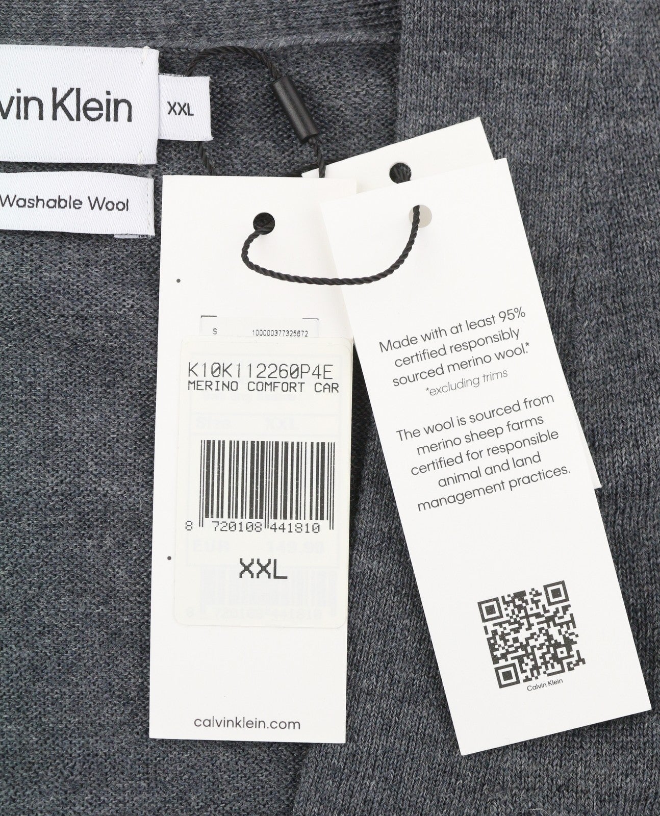 CALVIN KLEIN Merino Comfort Cardigan Men Jumper 2XL Grey Knit Button-Up