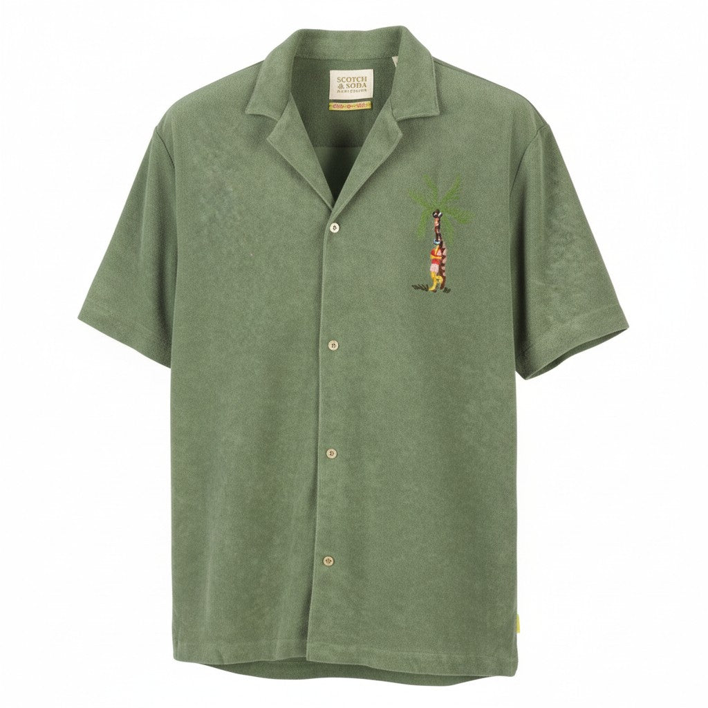 SCOTCH & SODA Men Shirt XL Green Towelling Embroidered Button Up Short Sleeve