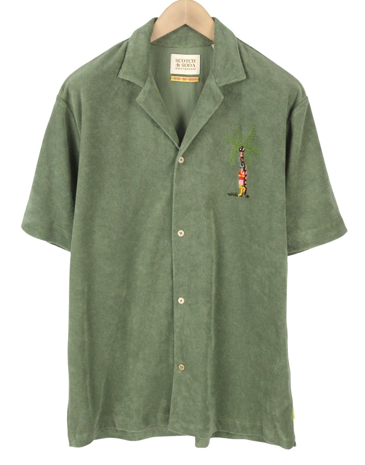 SCOTCH & SODA Men Shirt XL Green Towelling Embroidered Button Up Short Sleeve