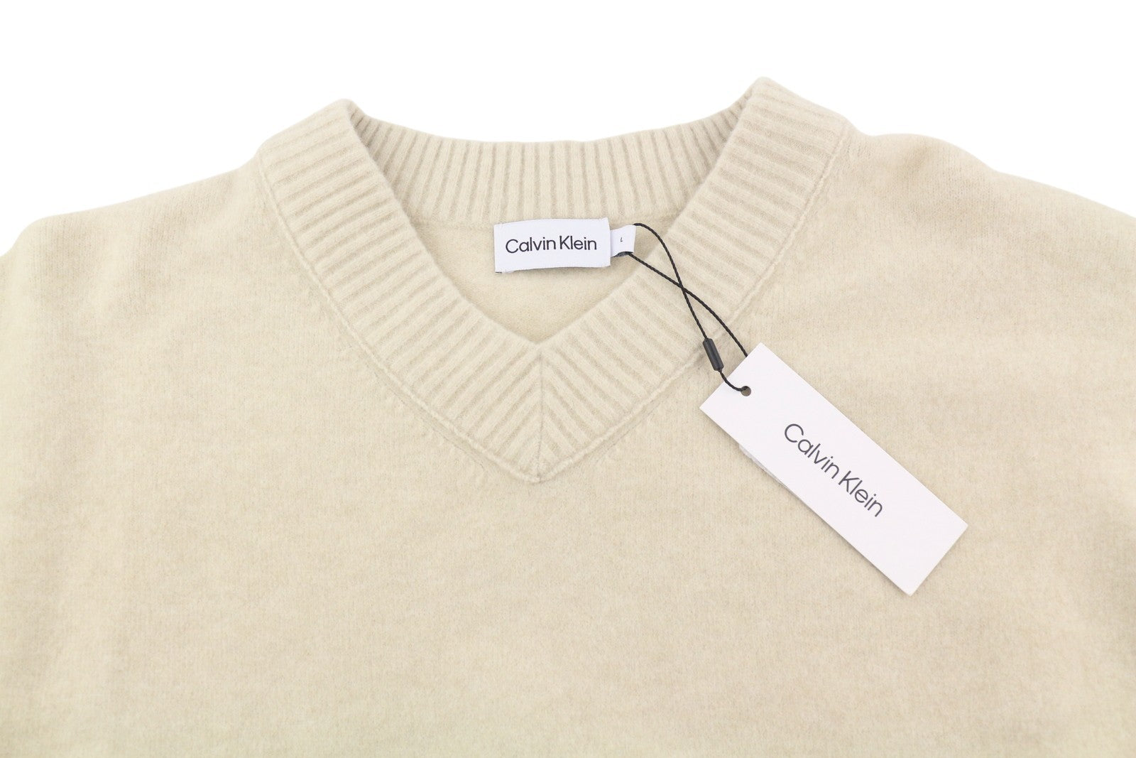 CALVIN KLEIN Lycra Blend Comfort Men Jumper L Beige Wool V-Neck