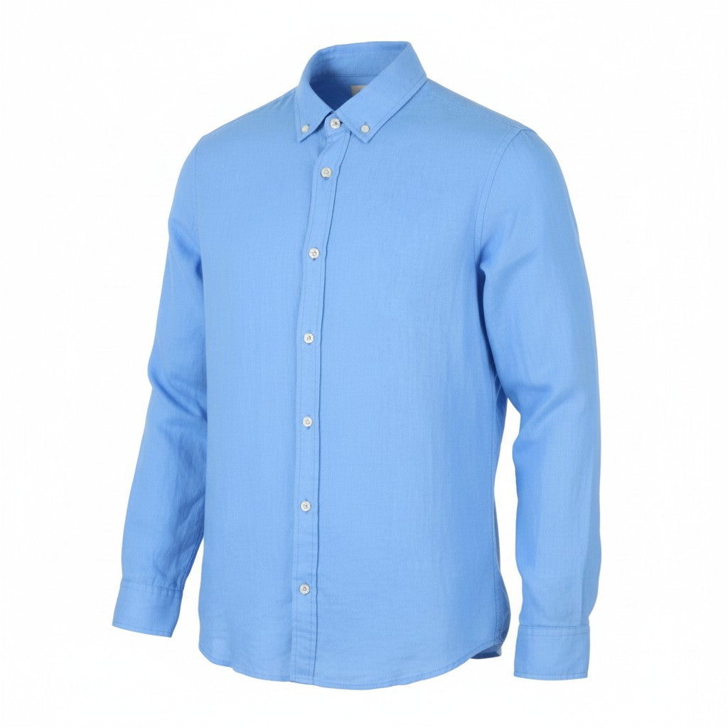 SCOTCH & SODA Men Shirt M Blue Linen Button-Down Neck Roll-Up Sleeves Casual