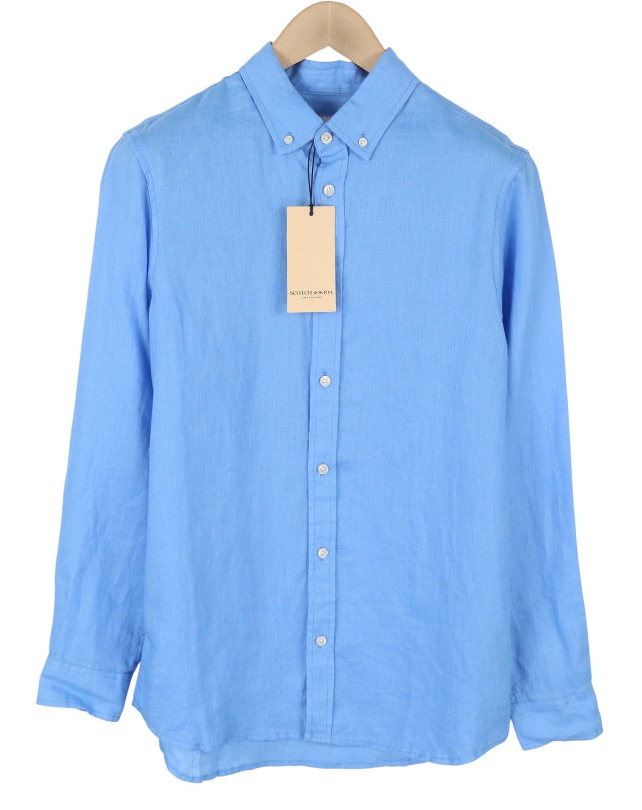 SCOTCH & SODA Men Shirt M Blue Linen Button-Down Neck Roll-Up Sleeves Casual