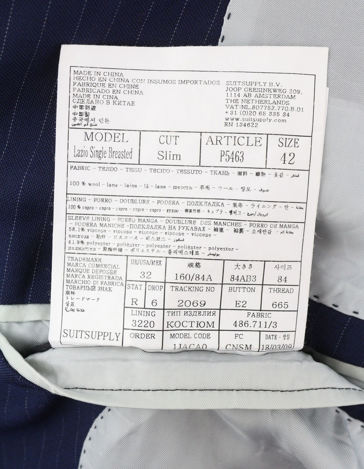 SUITSUPPLY Lazio Single Breasted Men Blazer UK32R Blue Wool Pinstriped