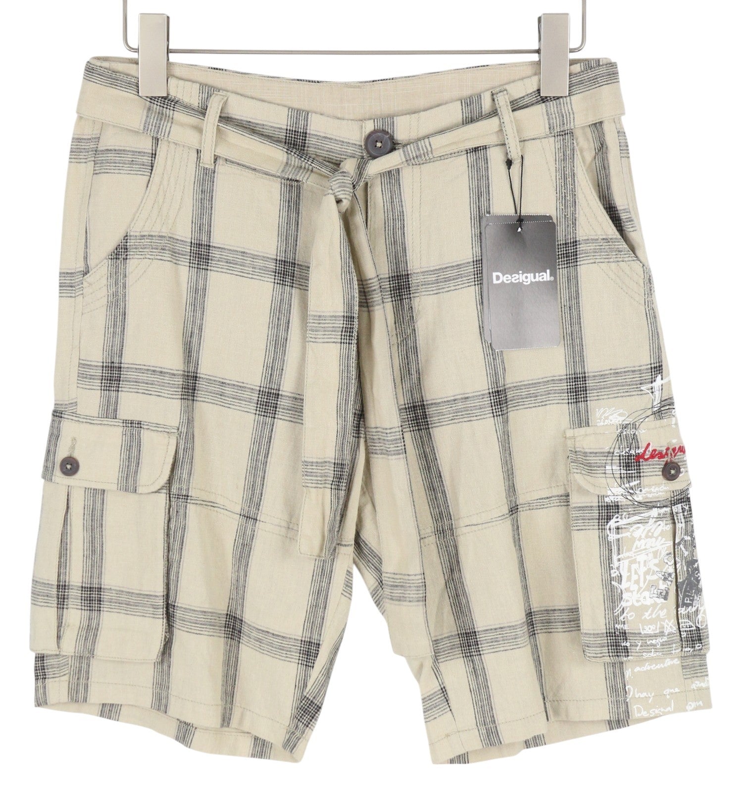 DESIGUAL Men Shorts W28 Beige Linen Blend Checked Belted Zip