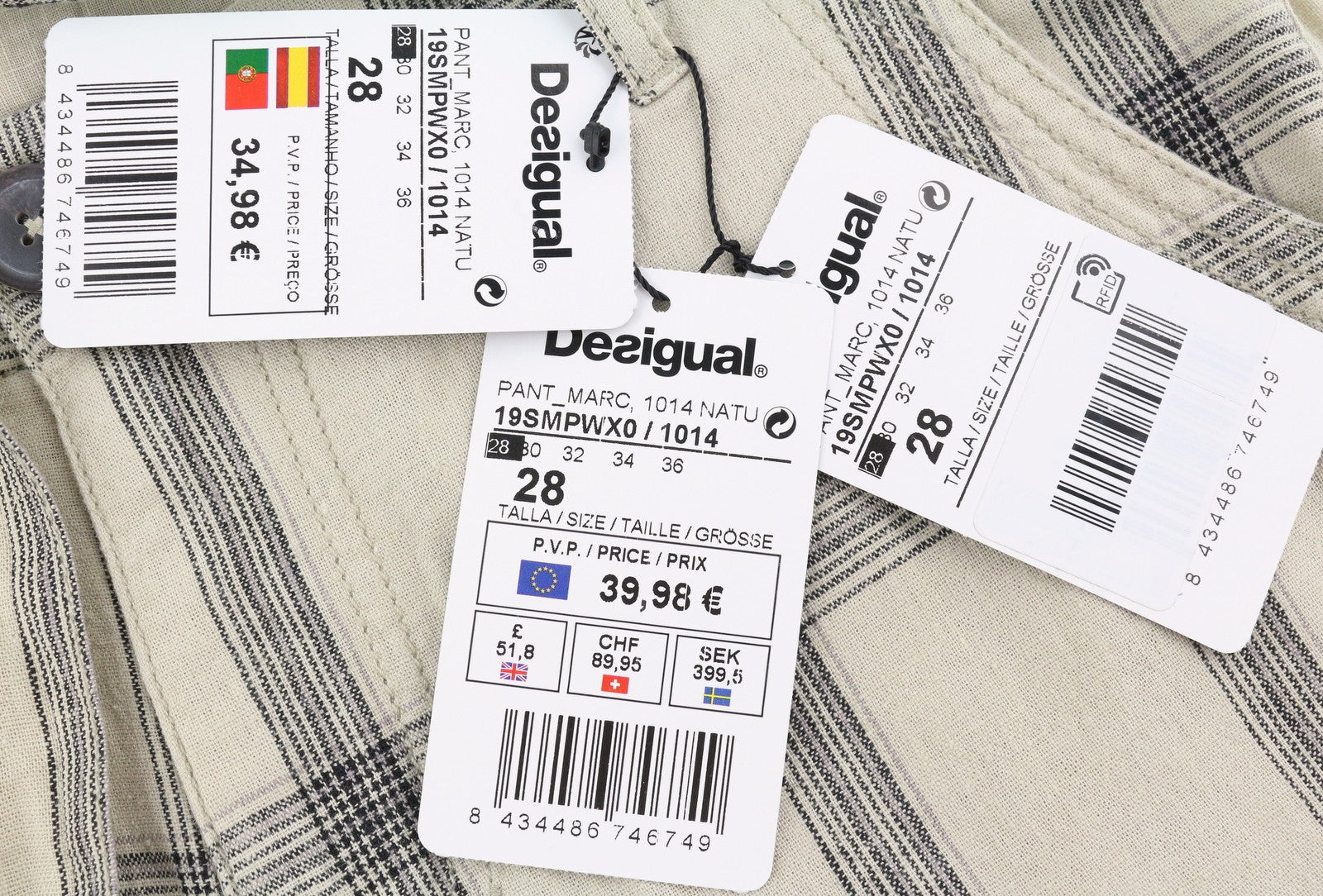 DESIGUAL Men Shorts W28 Beige Linen Blend Checked Belted Zip