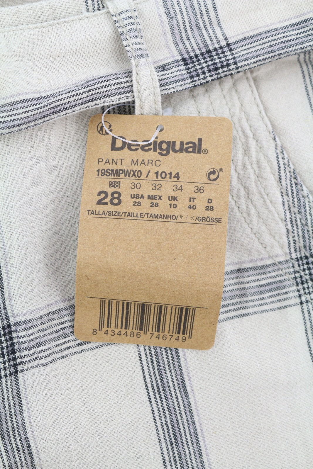 DESIGUAL Men Shorts W28 Beige Linen Check Belted Zipper