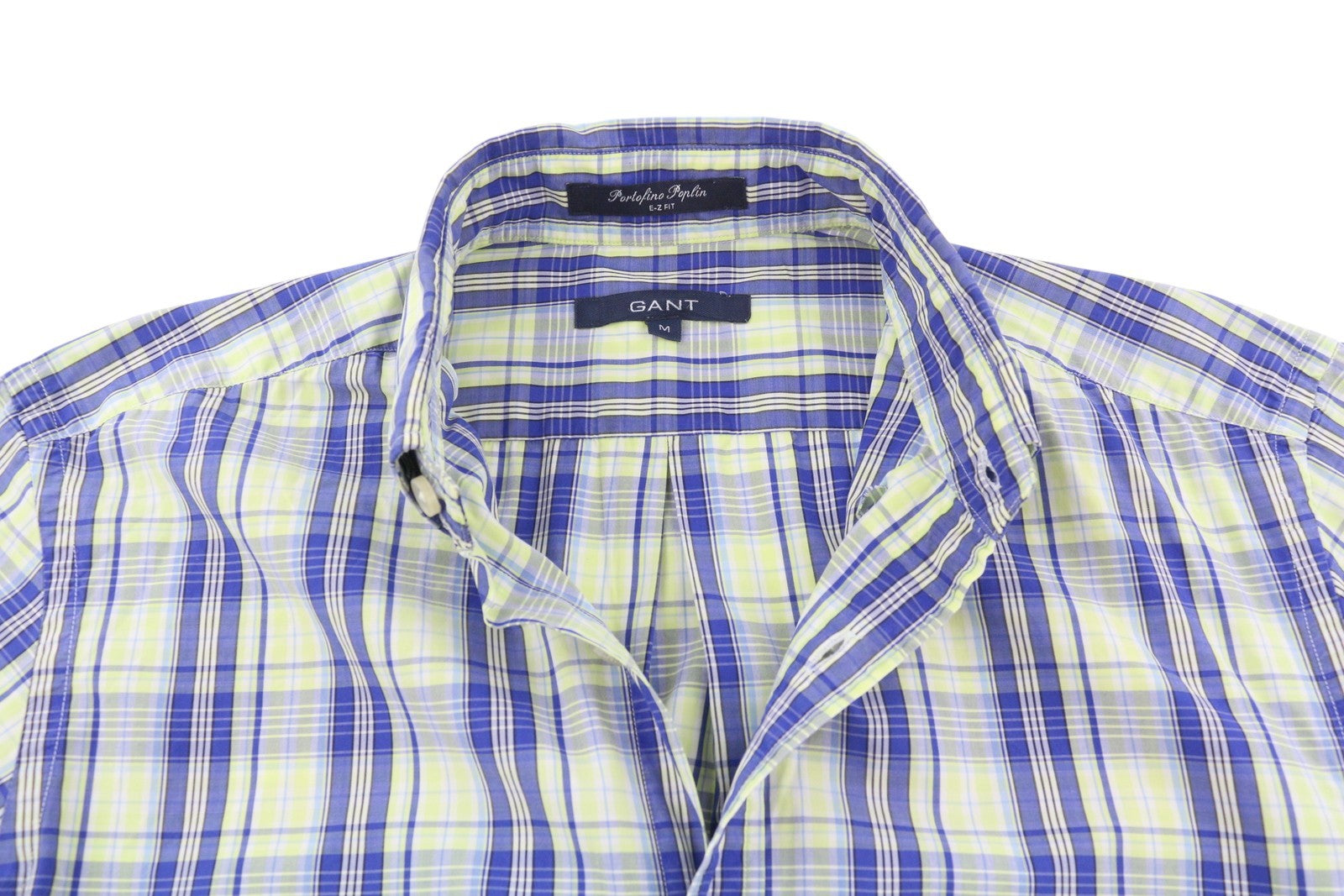 GANT Portofino Poplin Men Shirt M Blue Check E-Z Fit Short Sleeve