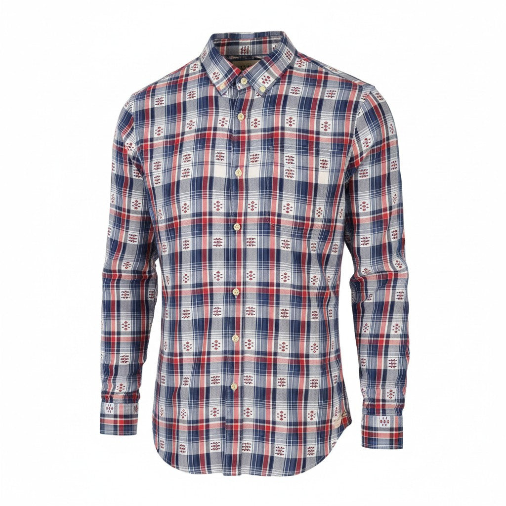 SCOTCH & SODA Men Shirt M Blue Red Check Button-Down Neck Patch Pocket Casual