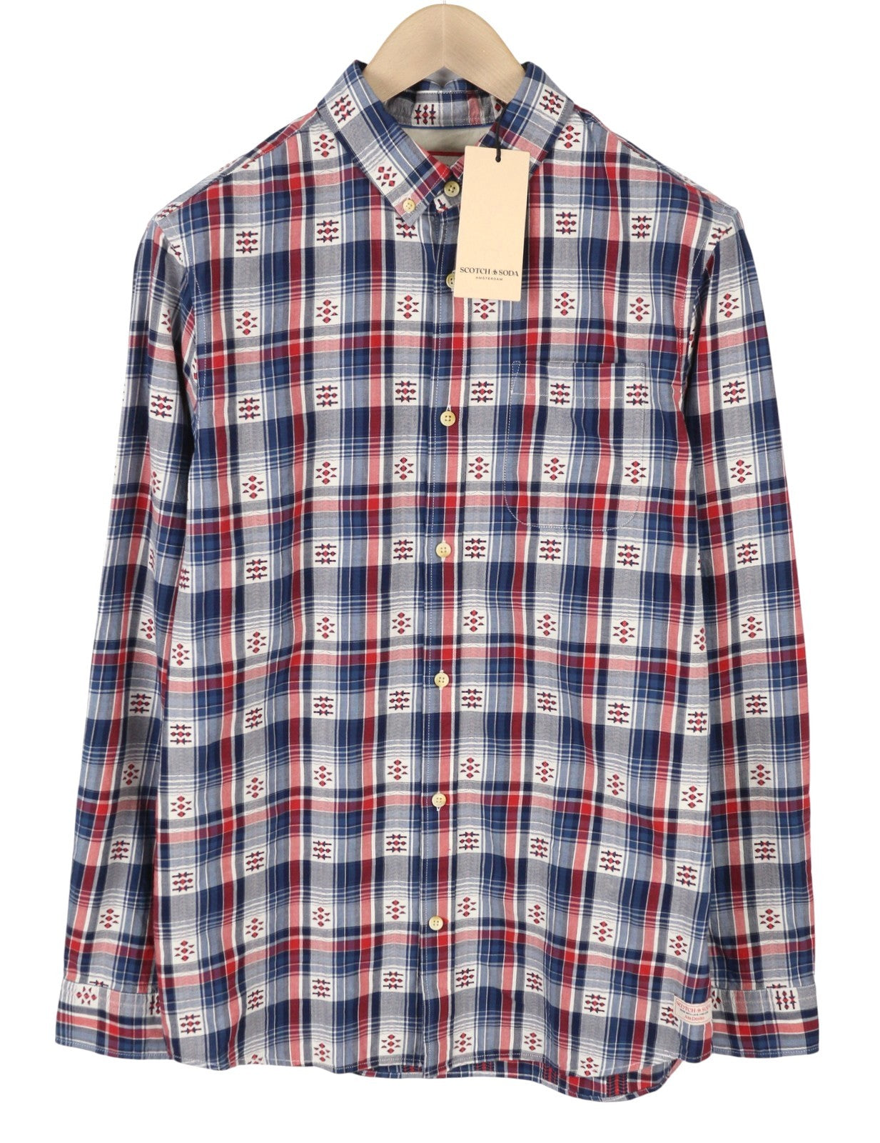 SCOTCH & SODA Men Shirt M Blue Red Check Button-Down Neck Patch Pocket Casual