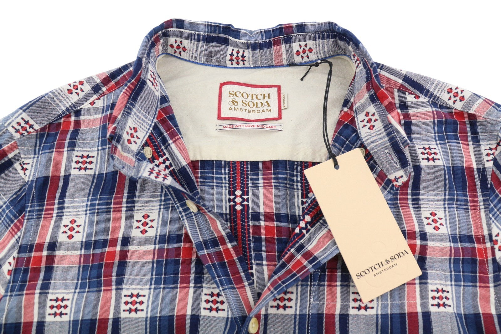 SCOTCH & SODA Men Shirt M Blue Red Check Button-Down Neck Patch Pocket Casual