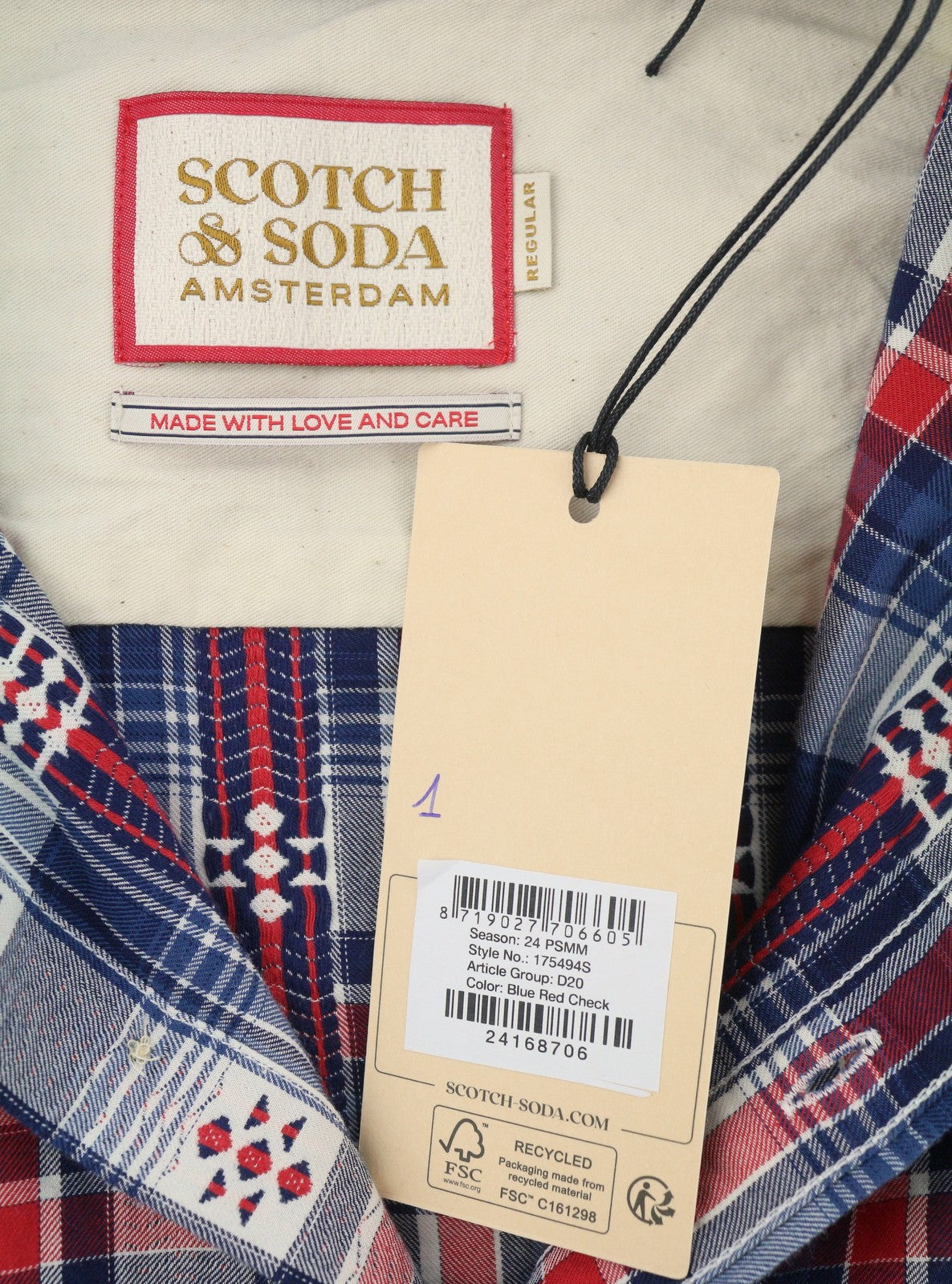 SCOTCH & SODA Men Shirt M Blue Red Check Button-Down Neck Patch Pocket Casual