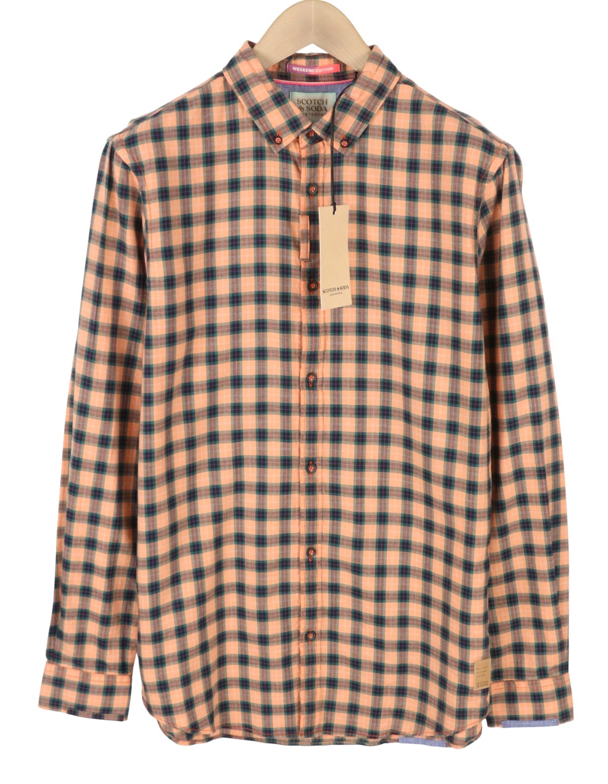 SCOTCH & SODA Men Shirt M Orange Checked Cotton Button-Down Neck Casual