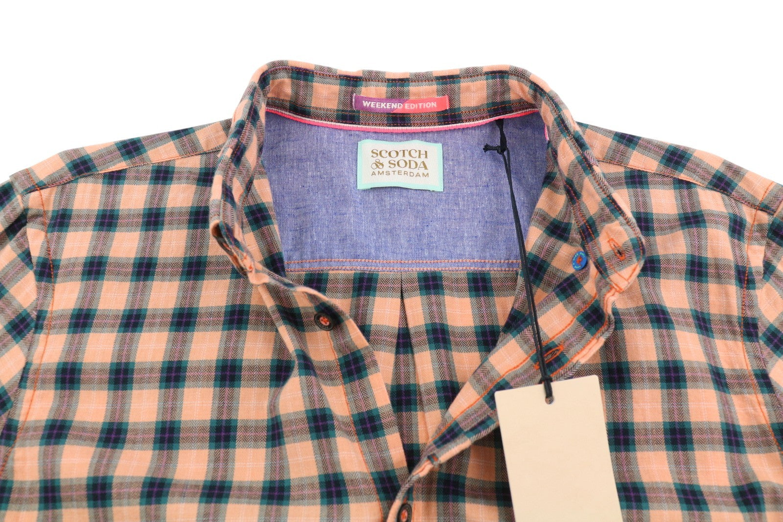 SCOTCH & SODA Men Shirt M Orange Checked Cotton Button-Down Neck Casual