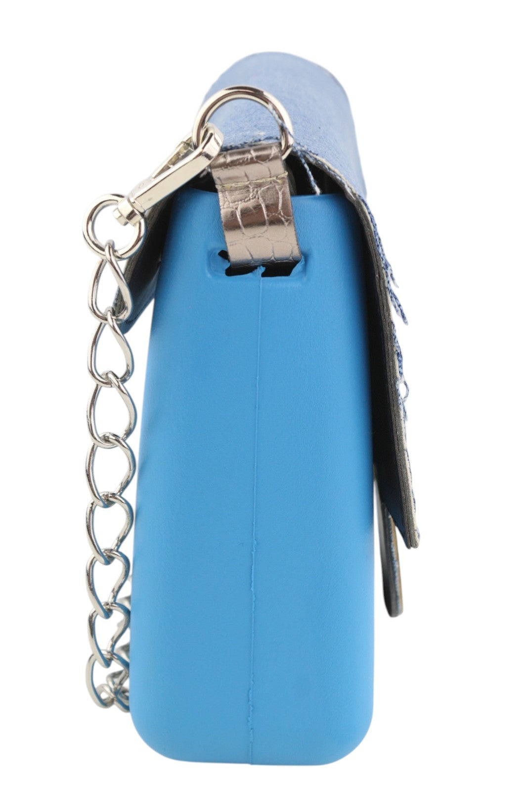 O BAG Glam Women Bag OS Blue Denim Insert Chain Clasp Crossbody