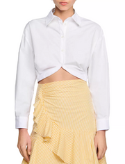 SANDRO Michelle Women Shirt 0 XS White Cropped Point Collar Long Sleeve RRP195