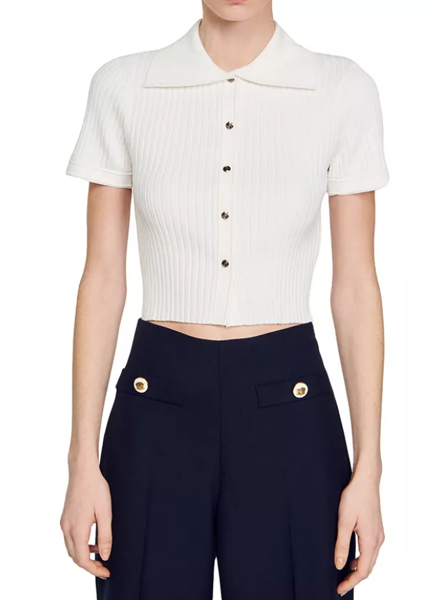 SANDRO Fynn Women T-Shirt 1 S White Ribbed Knit Fitted Short Sleeved RRP155