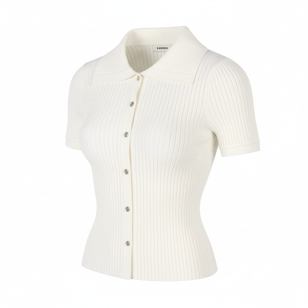 SANDRO Fynn Women T-Shirt 1 S White Ribbed Knit Fitted Short Sleeved RRP155