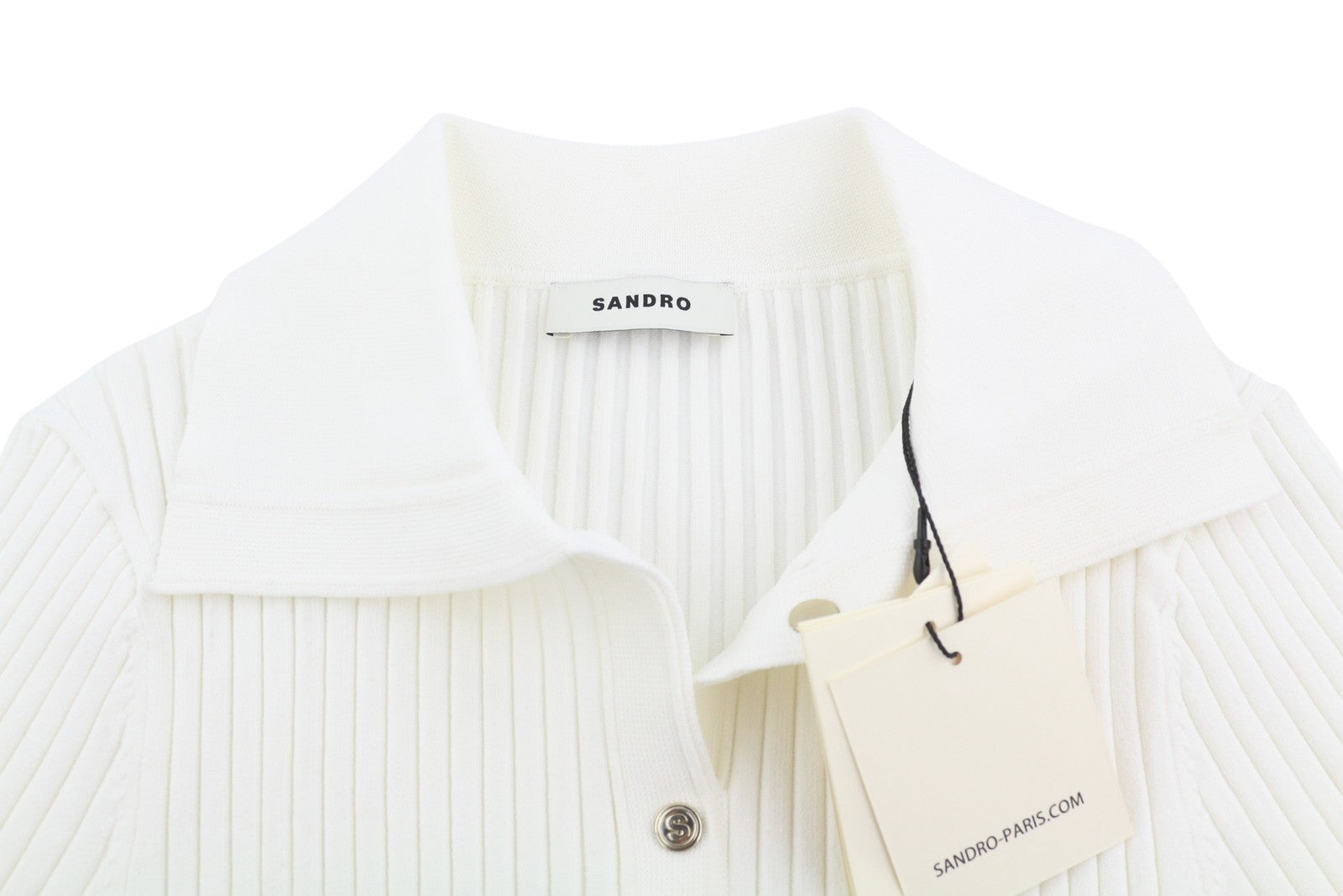 SANDRO Fynn Women T-Shirt 1 S White Ribbed Knit Fitted Short Sleeved RRP155