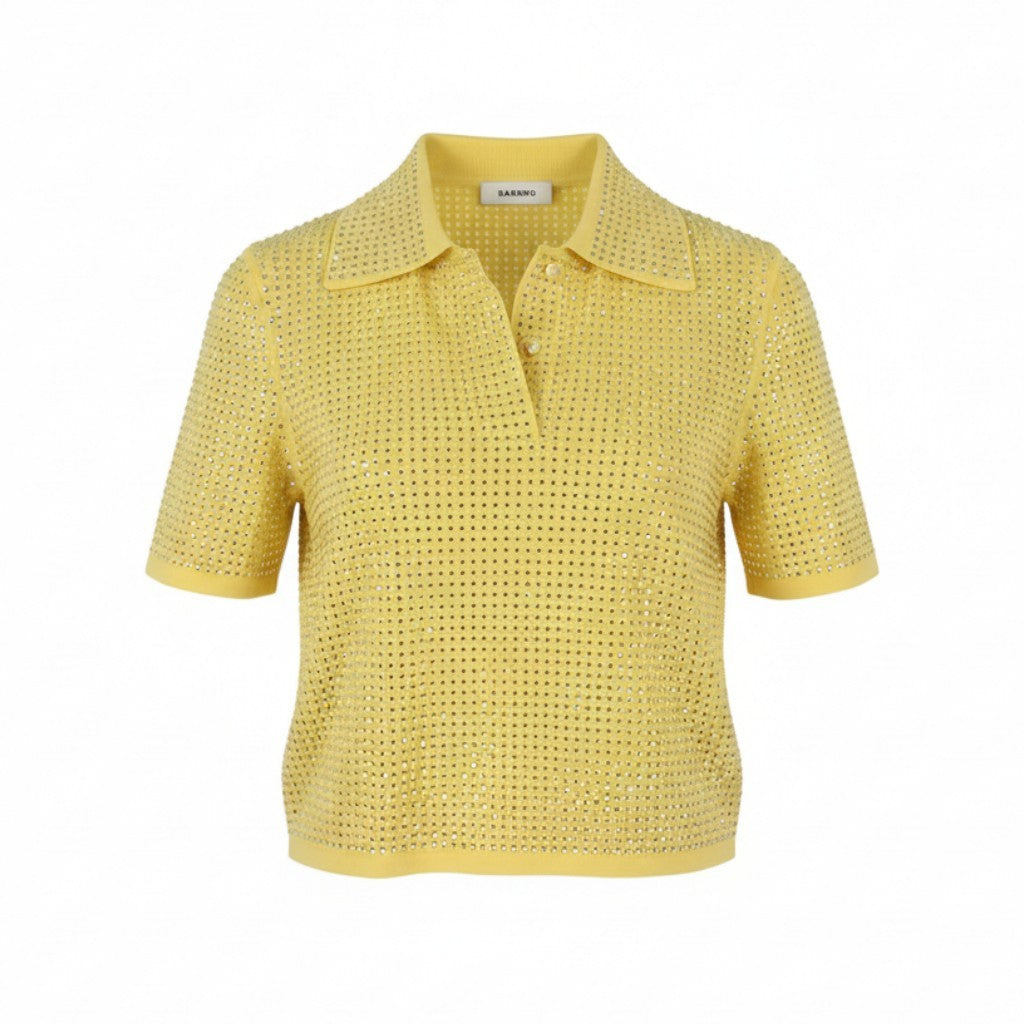 SANDRO Vierge Women T-Shirt 2 M Yellow Shiny Embellished Polo Short Sleeves