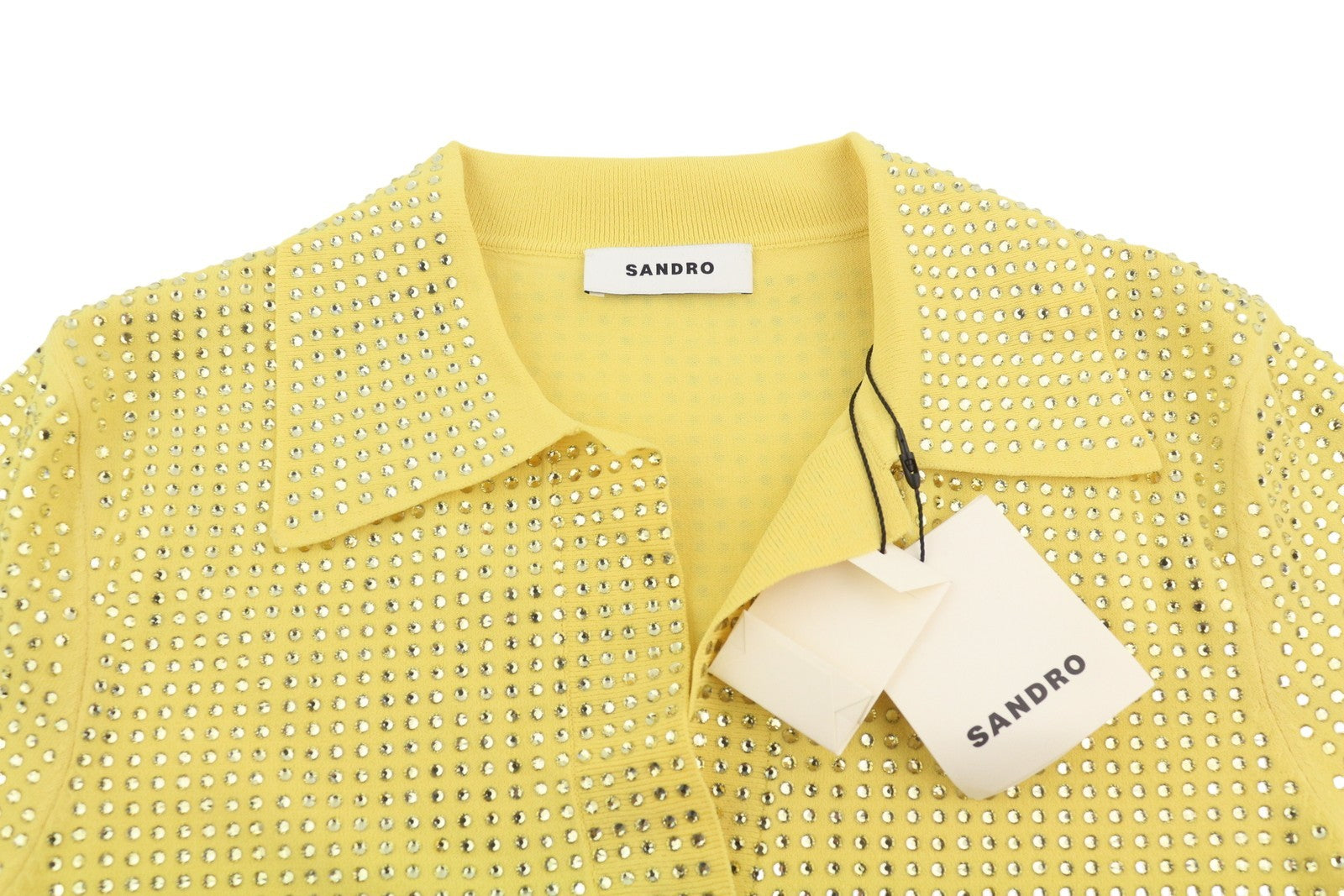 SANDRO Vierge Women T-Shirt 2 M Yellow Shiny Embellished Polo Short Sleeves