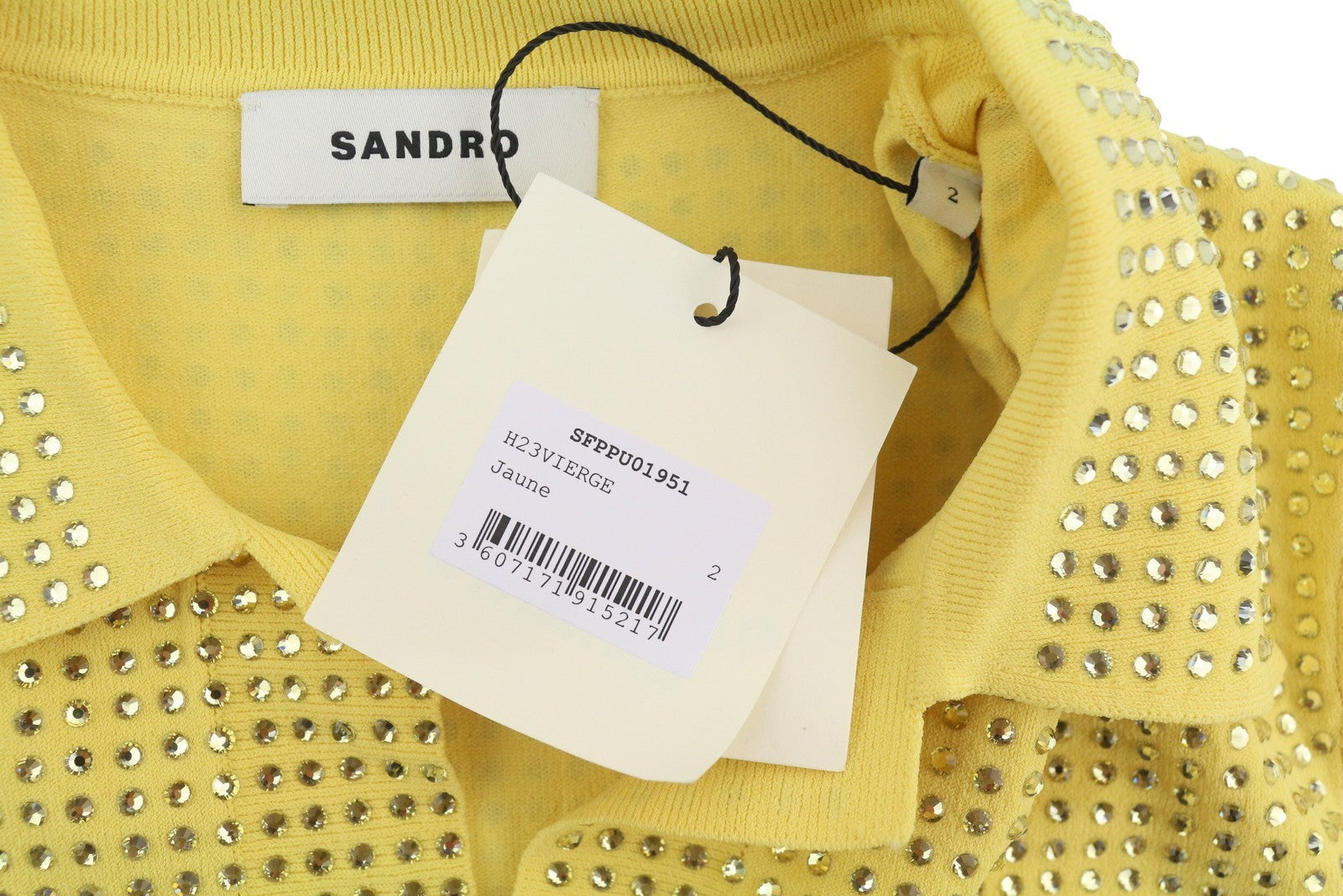 SANDRO Vierge Women T-Shirt 2 M Yellow Shiny Embellished Polo Short Sleeves