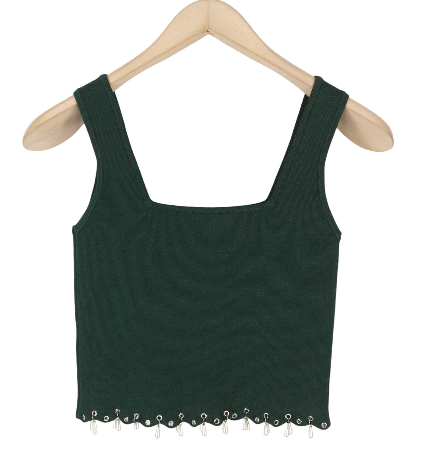 SANDRO Women T-Shirt 2 M Green Tassels Beads Scalloped Hem Knit Cropped RRP125