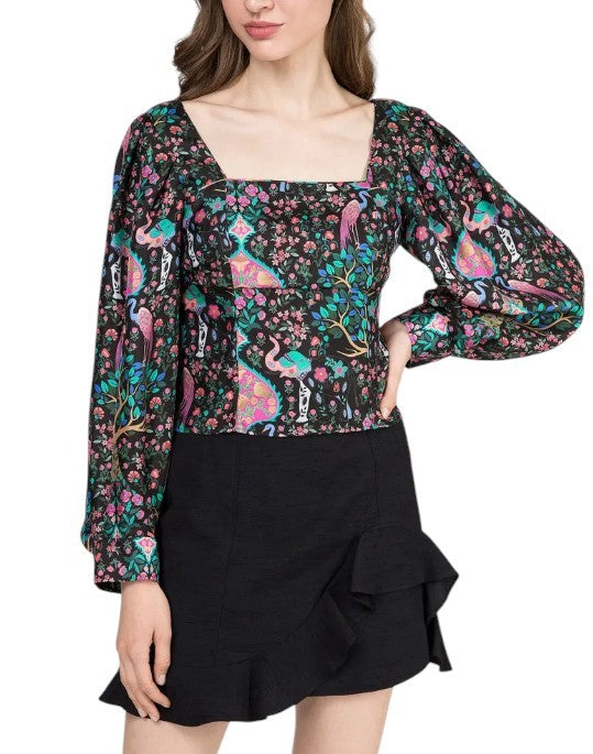 SANDRO Women Blouse 0 XS Colourful Silk Square Neckline Cropped Balloon Sleeve